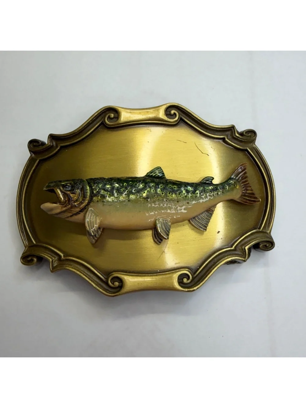 Trout brass belt buckle vintage 1978